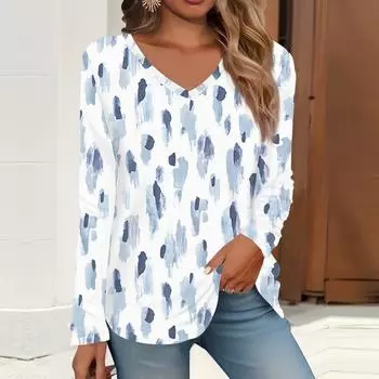 2023 весна и осень новая мода с длинным рукавом повседневная футболка с v-образным вырезом и принтом