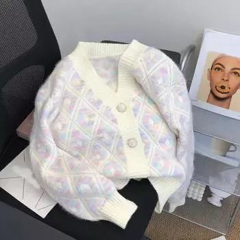 2023 весна и осень винтажный нежный уменьшающий возраст свободный крой короткий вязаный кардиган в клетку с бриллиантами пальто-свитер женское One Size зелёный