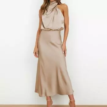 2023 весна-лето атласное платье без рукавов женское элегантное вечернее платье женское модное однотонное повседневное сексуальное платье с лямкой на бретельках 26203 S абрикосовый
