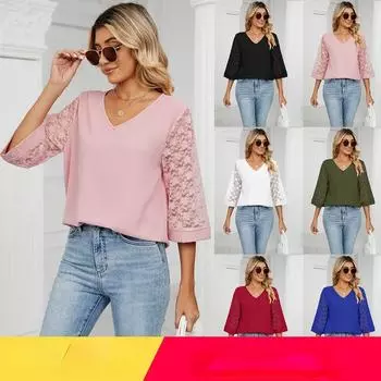 2023 весна/лето женская повседневная свободная шифоновая рубашка с v-образным вырезом и семиточечным кружевом с рукавами-трубами в стиле пэчворк S белый