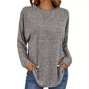 2023 весна осень новая однотонная модная футболка с круглым вырезом и длинными рукавами женская повседневная винтажная свободная элегантная универсальная пуловер... S