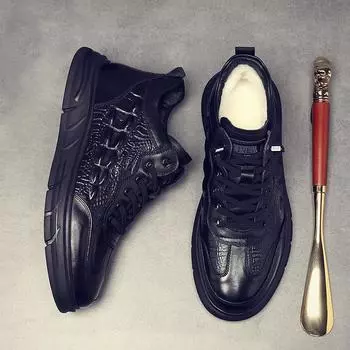 2023 Winter Men s Genuine Leather Wool Shoes - Plus Velvet, Thick Casual Cowhide Sneakers 44 чёрный