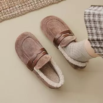 2023 winter women s plush warm flat shoes snow boots Retro Style career office outdoor mary jane shoes Ladies casual loafers 35 коричневый