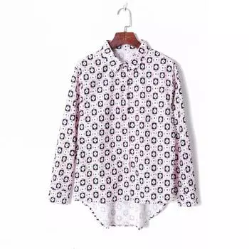 2023 Women s Spring Clothing K-style Contrast Color Geometric Print Elegant Lapel Single Breasted Loose Long Sleeves Irregular Shirt Pink Print M