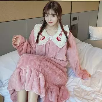 2023 Women s Winter Princess-Style Coral Fleece Pajama Set with Sweet Doll Collar and Long-Sleeve Midi Skirt L розовый