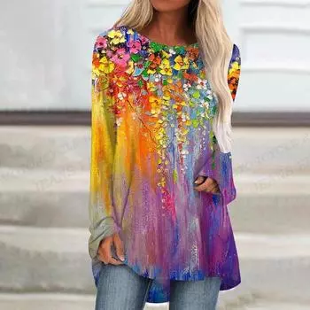 2023 женская футболка с абстрактной живописью и принтом, женская модная футболка, футболка с растительными цветами, топы с длинными рукавами, футболки с бабочкой L
