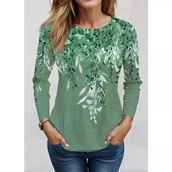 2023 Женская футболка с цветочным принтом, длинный рукав, базовая толстовка, модная круглая горловина, стандартный крой, цветочная роспись, весна и осень S