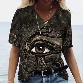 2023 женская футболка с v-образным вырезом уличный древнеегипетский этнический костюм с принтом женский топ с коротким рукавом повседневная модная женская одежда L