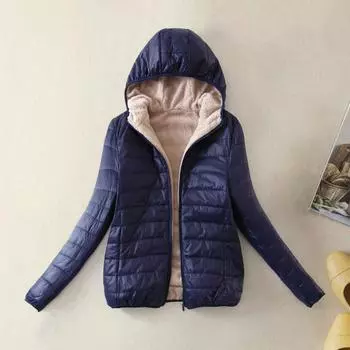2023 женская хлопковая куртка с капюшоном, облегающая однотонная однотонная куртка с карманами на молнии, стильная теплая универсальная верхняя одежда, пальто M темно-синий