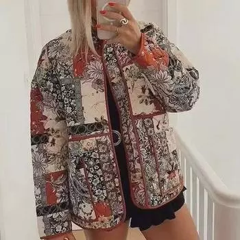 2023 Женская хлопковая куртка с принтом, воротником-стойкой и карманами Small красный/оранжевый