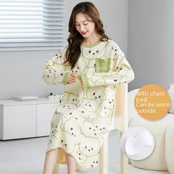 2023 женская хлопковая ночная рубашка с длинными рукавами и нагрудными подушечками — легкая пижама для осени, весны и зимы XXXL (140-155 jin)