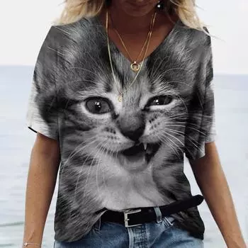 2023 женская летняя футболка с 3d кошачьим принтом, топ с короткими рукавами, повседневная модная футболка с животным и v-образным вырезом, женская рубашка большого размера в стиле Харадзюку 3XL