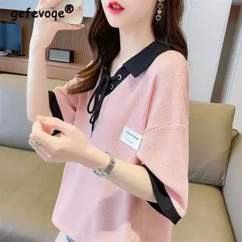 2023 женская летняя контрастная цветная милая шикарная футболка на шнуровке, модная повседневная уличная одежда, свободные футболки Y2K, милые топы с короткими рукавами, Ropa L розовый