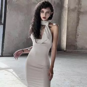 2023 женская мода сексуальное с открытой спиной и разрезом нерегулярное облегающее платье длинное женское платье S чёрный