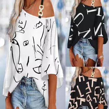 2023 Женская модная свободная повседневная футболка с принтом S чёрный