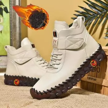 2023 женская обувь на кашемире, теплая обувь из хлопка с высоким берцем, зимняя обувь для мам, сшитая вручную, теплые ботинки на плоской подошве с мягкой подошвой 35 белый