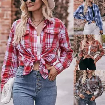 2023 Женская повседневная модная клетчатая рубашка большого размера S красный