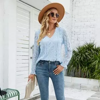 2023 Женская повседневная однотонная сексуальная футболка с кружевным верхом и длинным рукавом