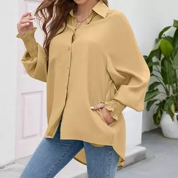2023 Женская повседневная однотонная свободная рубашка с лацканами и рукавами-фонариками S хаки