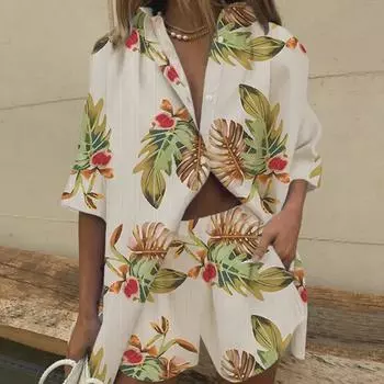 2023 Женская рубашка с принтом на лацканах и широкие шорты с эластичной резинкой на талии XXL