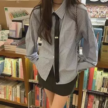 2023 Женская свободная рубашка-куртка в тонкую полоску - Осенний корейский стиль колледжа M
