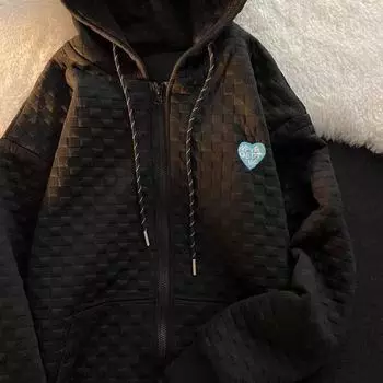 2023 Женская свободная вафельная толстовка с капюшоном - Универсальный кардиган с длинными рукавами в корейском стиле XXL чёрный