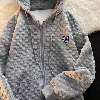 2023 Женская свободная вафельная толстовка с капюшоном - Универсальный кардиган с длинными рукавами в корейском стиле L серый