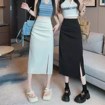 2023 Женская узкая юбка А-силуэта с высокой талией и разрезом - Ранняя осень, средняя длина, до бедра Quadruple Extra Large чёрный