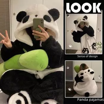 2023 Женская зимняя пижама с рисунком панды из мультфильма - Милая ночная рубашка из кораллового флиса Panda Nightgown, M