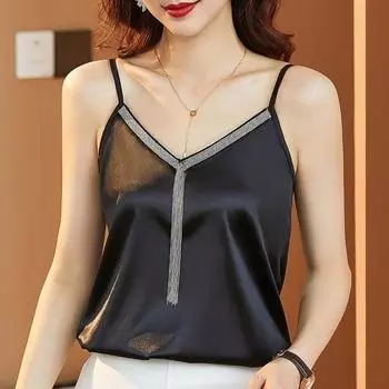 2023 женские блузки с v-образным вырезом и вышивкой, повседневные шелковые женские блузки, рубашки, атласные топы, женская эластичная атласная рубашка, верхняя одежда 14214 M зелёный