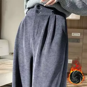 2023 женские брюки, зимние плюс бархатные широкие брюки, корейские модные повседневные женские брюки с высокой талией, прямые женские свободные брюки 2XL чёрный