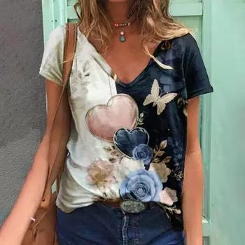2023 Женские футболки Бабочка Y2k Женские топы Одежда Летние футболки с 3D короткими рукавами и принтом Harajuku Kawaii Негабаритные свободные футболки с v-образным вырезом S