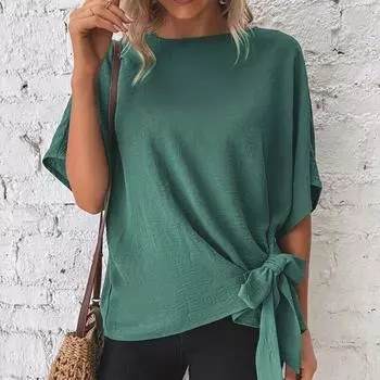 2023 женские футболки, летние однотонные модные топы с рукавами «летучая мышь» и половиной рукава, повседневная свободная футболка с бантом, одежда, футболки 25892 S орион