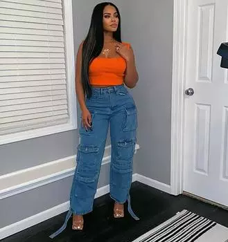 2023 Женские прямые джинсовые брюки S синий