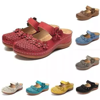 2023 женские сандалии, винтажные сандалии большого размера на плоской подошве, женские тапочки на танкетке с круглым носком и цветком, толстая подошва 35 белый