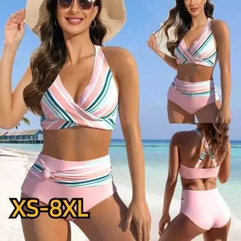 2023 женские танкини с высокой талией, летний новый дизайн, купальник с принтом, купальный костюм, комплект из двух предметов, пляжная одежда XS-8XL S розовый