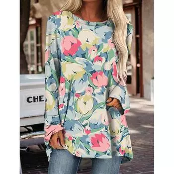 2023 женские топы с длинными рукавами, цветочные футболки с 3D принтом, повседневные женские пуловеры с круглым вырезом, элегантные топы 2XL