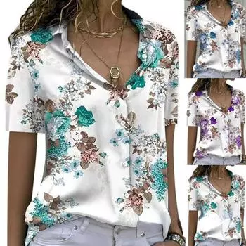 2023 Женский повседневный топ с цветочным принтом, свободная рубашка с коротким рукавом S фиолетовый