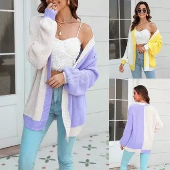 2023 женский свободный лоскутный цветной вязаный кардиган, модный свитер большого размера, повседневное пальто S жёлтый