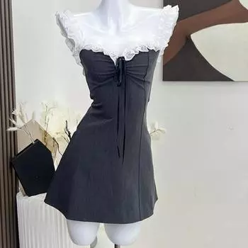 2023 женское летнее мини-платье с открытыми плечами, сексуальное элегантное винтажное модное вечернее клубное серое платье без рукавов, женское цельное платье S серый