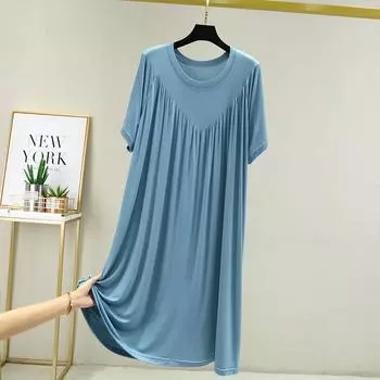 2023 Женское летнее платье большого размера с круглым вырезом - Однотонное, Свободный крой, Короткий рукав, Длинное Large