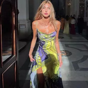 2023 Женское облегающее платье с разрезом и открытой спиной, бюстгальтер и бретельками с принтом S зелёный