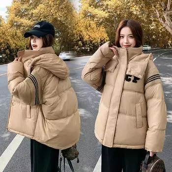 2023 зима, новый пуховый женский модный короткий стиль с капюшоном, утолщенный, свободный, с вязаными рукавами, с буквенным наружным воротником M чёрный