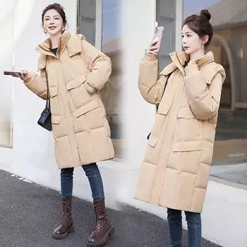 2023 зимнее новое длинное пальто выше колена с капюшоном, большое пуховое пальто, женское хлопковое пальто, свободное M белый