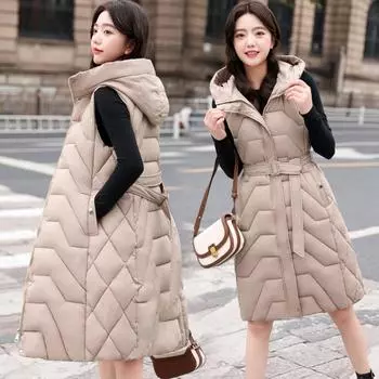 2023 зимнее новое модное простое поясное теплое зимнее модное пальто средней длины, длинный жилет M чёрный