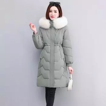 2023 зимнее новое теплое пуховое пальто средней длины, женское модное универсальное свободное пальто выше колена с капюшоном M хаки
