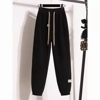 Зимние утепленные брюки из бархата 2024 года для женщин среднего и пожилого возраста, теплые повседневные брюки из арктического бархата, леггинсы больших размеров S чёрный