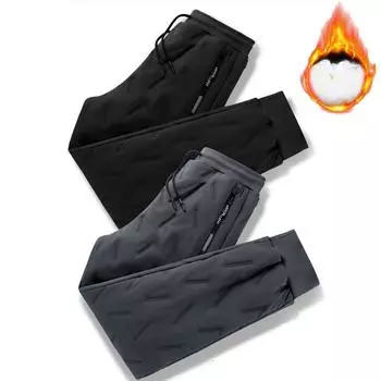 2023 зимние новые хлопковые брюки на пуху, мужские уличные большие утолщенные водонепроницаемые и теплые хлопковые брюки на овечьем пуху L чёрный