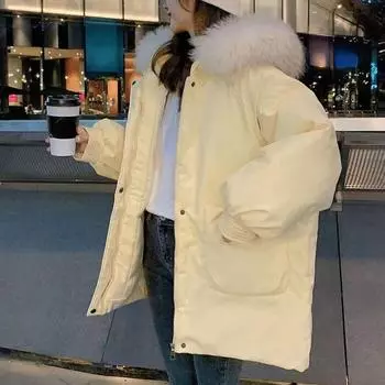 2023 зимние пуховые парки с хлопковой подкладкой и большим меховым воротником с капюшоном, женские толстые теплые куртки, пальто средней длины, женская верхняя одежда, зимняя одежда S чёрный