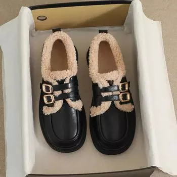 2023 зимние женские плюшевые теплые кожаные ботинки зимние сапоги в британском стиле с пряжкой на ремне женские повседневные черные мокасины 35 чёрный